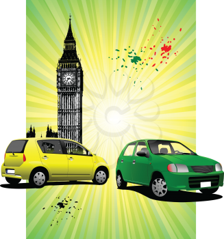 London Poster  with two cars image. Vector illustration