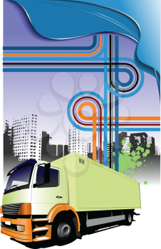 Cover for brochure or template office folder with city panorama and truck image. Vector
