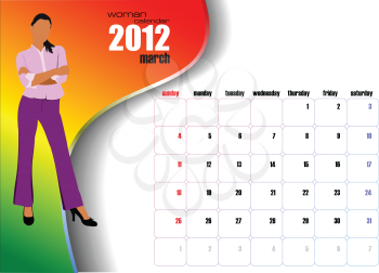 Calendar 2012 with woman image. March. Vector illustration