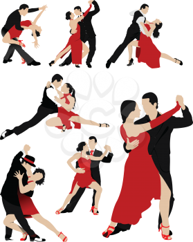 Big set of Couples dancing a tango. Vector illustration