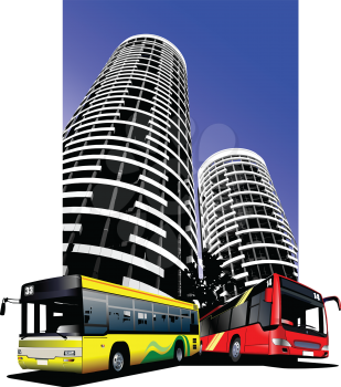 City transport on city background. Buses. Vector illustration