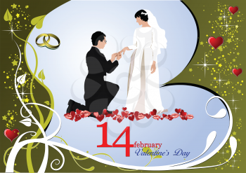 Valentine`s Day  Greeting Card with bride and groom. Vector illustration. Invitation card