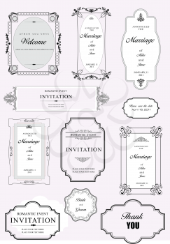 Set of ornate vector frames and ornaments with sample text. Perfect as invitation or announcement. All pieces are separate. Easy to change colors and edit.