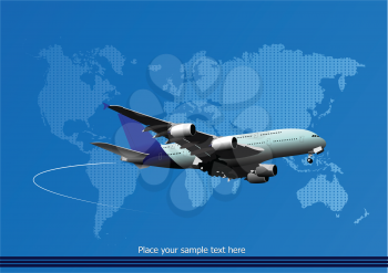 Blue abstract background with passenger plane and world map images. Vector illustration