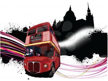 Grunge London images with double decker red bus image. Vector illustration