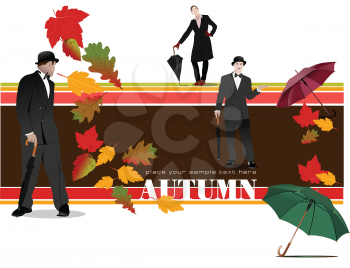 Abstract vector autumnal leaves pattern background with woman and man with umbrella. Vector