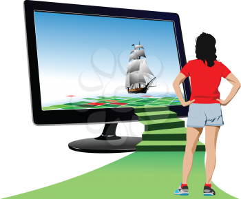 Futuristic monitor with sailing ship and young woman standing in front of screen. Vector illustration