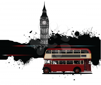 Grunge banner with London and red doubledecker router images. Vector illustration