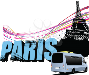 3D word Paris on the Eiffel tower grunge background with tourist minibus image. Vector illustration