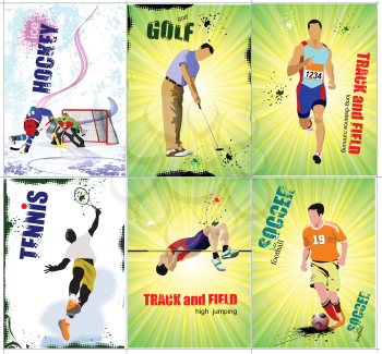Six sport posters. Track and field, Ice hockey, tennis, soccer,  golf. Vector illustration