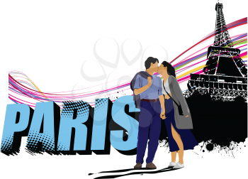 3D word Paris on the Eiffel tower grunge background with kissing couple. Vector illustration