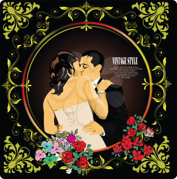 Vintage style frame with kissing couple image. Wedding card. Invitation Vector illustration for designers