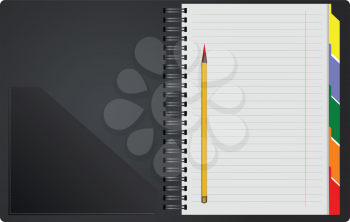 Black Notebook open on white background with orange pensil. Vector illustration