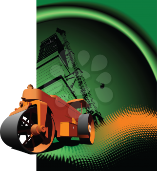 Road asphalt roller on green background. Vector illustration