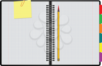 Black Notebook open on white background with clipped yellow none and yellow pencil. Vector illustration