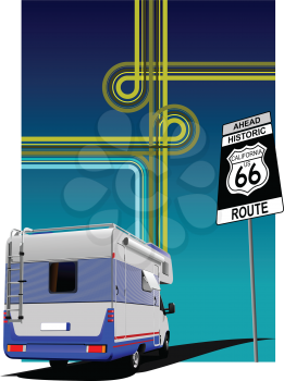 Cover for brochure  with camper van and junction image. Route 66. Vector illustration