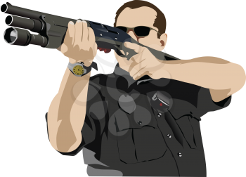 Armed policeman preparing to shoot with automatic rifle. Vector  illustration