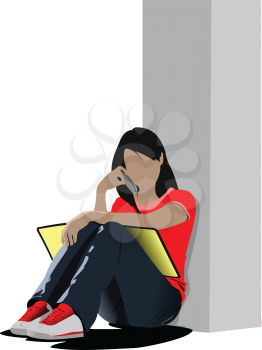Schoolgirl sitting and reading. Back to school. Vector illustration