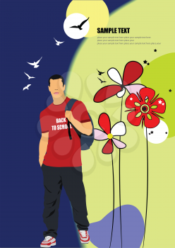 Summer background with young man image. Vector illustration
