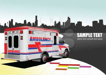 Modern ambulance van on city background. Colored vector illustration