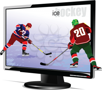 
Background with Flat computer monitor with hockey players image. Display. Vector illustration