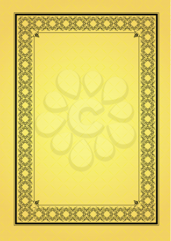 Gold ornament on yellow background. Can be used as invitation card or cover. Vector illustration