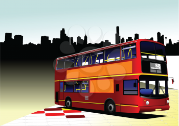 Red city bus on city panorama background. Coach. Vector illustration