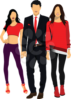 Young man and two women in red. Vector illustration