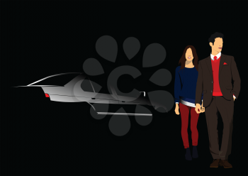 White car silhouette and couple on black background. Vector illustration