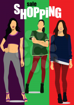 Three young women.Shopping. Business woman. Vector illustration