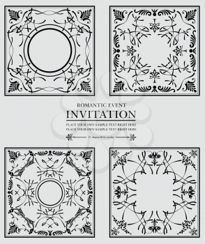 Four black ornaments on white background. Can be used as invitation card or cover. Vector illustration