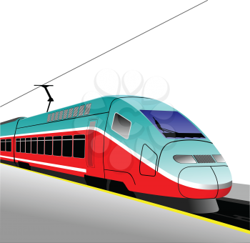 Red-blue modern speed bullet train. Fast suburban, subway, metro, commuter, hovercraft. Vector illustration.