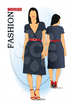 Young fashion woman in blue dress. Vector illustration