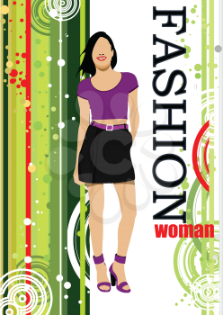 Young woman on green stripped background. Vector illustration