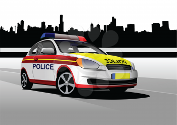 Police car on city panorama background. Vector illustration.