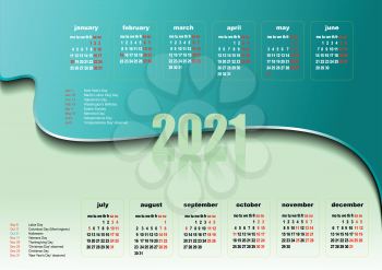 Calendar 2021 with American holidays. Months. Vector illustration