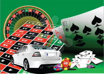Roulette table and casino elements and car sedan image. 3d illustration