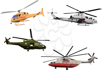 Four Ambulance or army helicopter. Vector 3d illustration