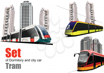Set of Dormitory and city car. Tram. Vector 3d illustration