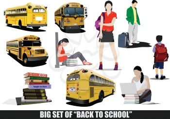Big set of  “Back to school” with buses an children images . Vector 3d illustration