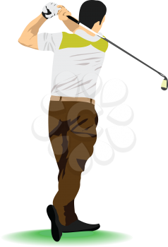 Golfer hitting ball with iron club. Vector 3d illustration