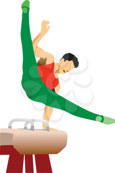 Man gymnast exercises on pommel horse. 3d vector illustration