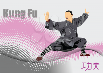 Oriental combat sports. Kung Fu. Colored 3d vector illustration. Translate Chinese  text = kung Fu