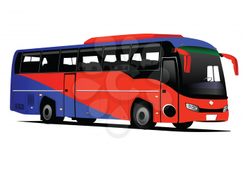 Blue-red tourist or City bus on the road. Coach. Vector illustration