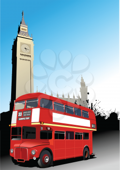 Red old double Decker bus in London. Coach. Vector illustration