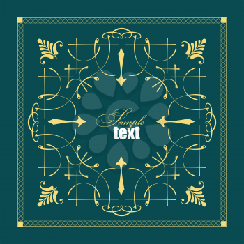 Gold ornament on green background. Can be used as invitation card. Vector illustration