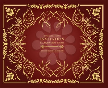 Gold ornament on green background. Can be used as invitation card. Vector illustration
