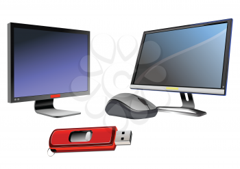 Flat computer monitor. Display. Mouse and disk on key.Vector illustration