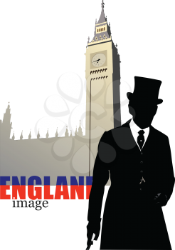 London image with gentlemen silhouette. Colored vector illustration