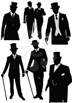Set of London gentlemen silhouette. B&W vector illustration